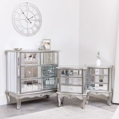 Melody Maison Silver Mirrored Chest of Drawers and Pair of 3 Drawer Bedside Tables