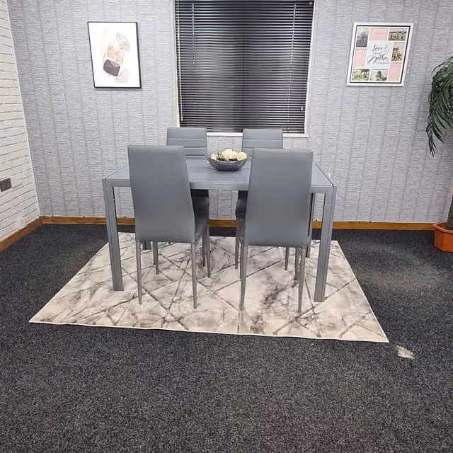 KOSY KOALA Modern Rectangular Grey Glass Dining Table and 4 Grey Metal Chairs Set in Brown