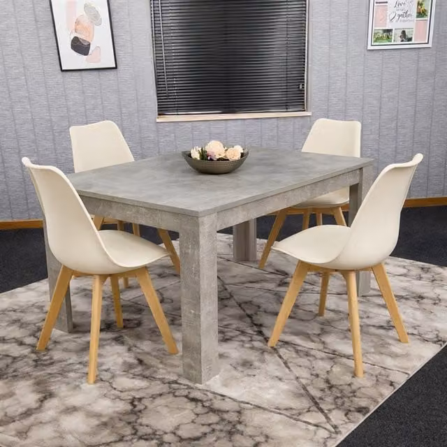 Kosy Koala Modern Dining Set with Rectangular Stone Grey Wood Effect Table and 4 Cream Plastic Chairs