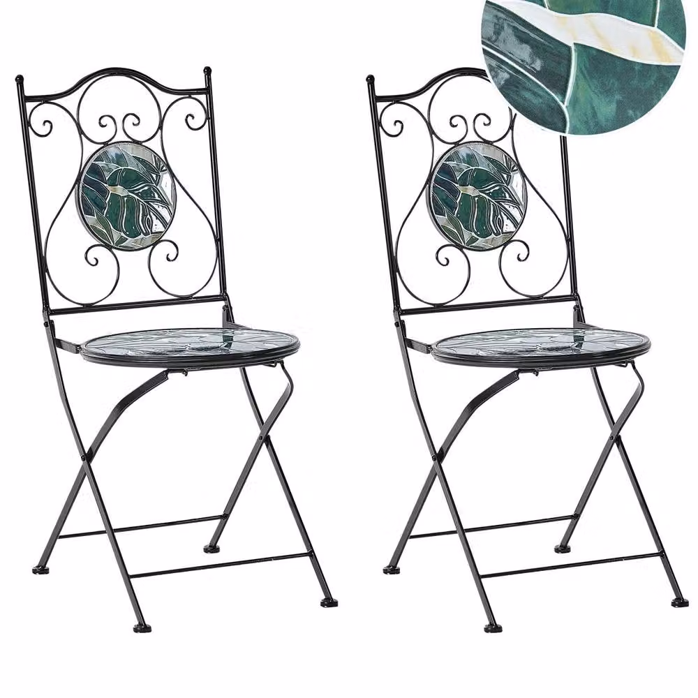 Wyld and Coco Set of 2 Black Folding Metal Garden Chairs with Green Ceramic Mosaic Tiles – 2