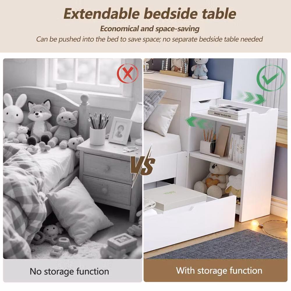 ModernLuxe Kids Double Bed with Drawers, Shelves and Storage Bedside Table in White – 5