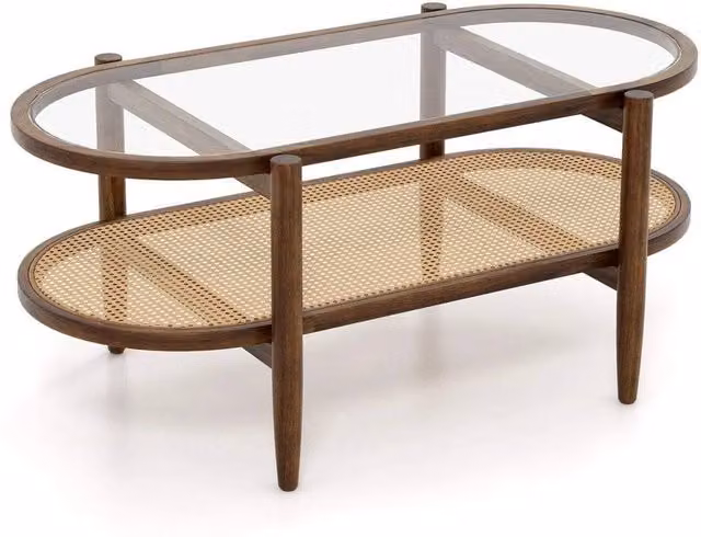 FORGEVIO Brown Acacia Wood and Glass Oval Coffee Table