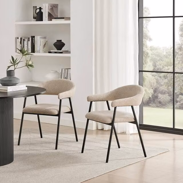 FurnitureboxUK Set of 2 Delos Beige Bouclé Fabric Dining Chairs with Armrests