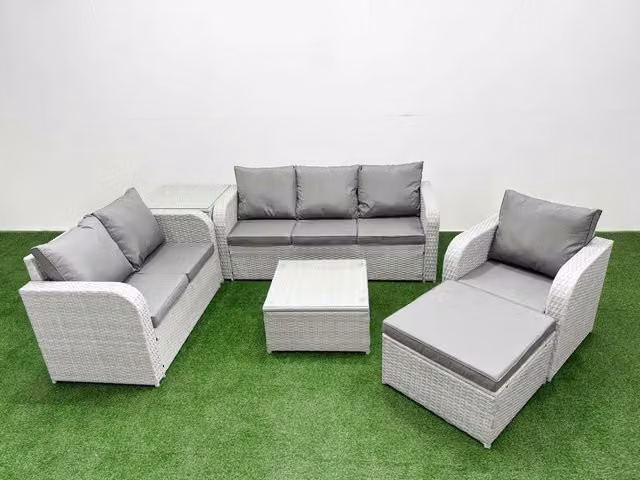 Fimous Patio 7 Seater Grey PE Wicker Rattan Outdoor Furniture Set with Square Coffee Table, Reclining Chair, Loveseat, 3 Seater Sofa and Footstool