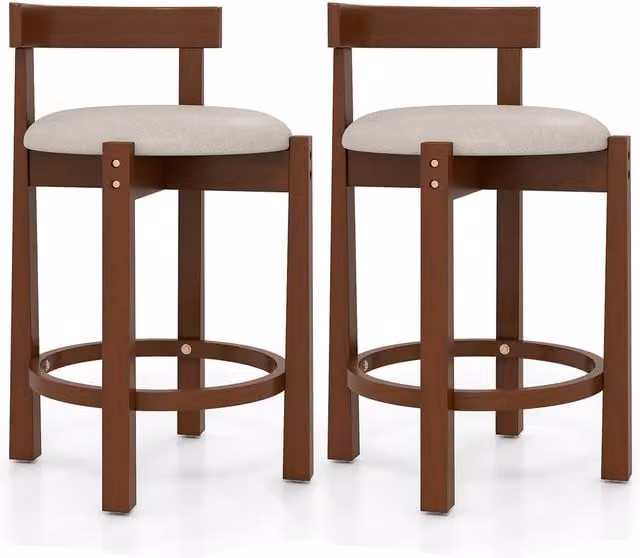 Gymax 2 Pack Brown Linen Upholstered Bar Stools with Rubberwood Legs, Counter Height: 62 cm