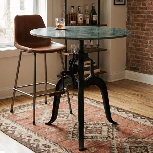 Orsina Industrial Green Marble and Black Metal Round Side Table with Height Adjustable Central Column