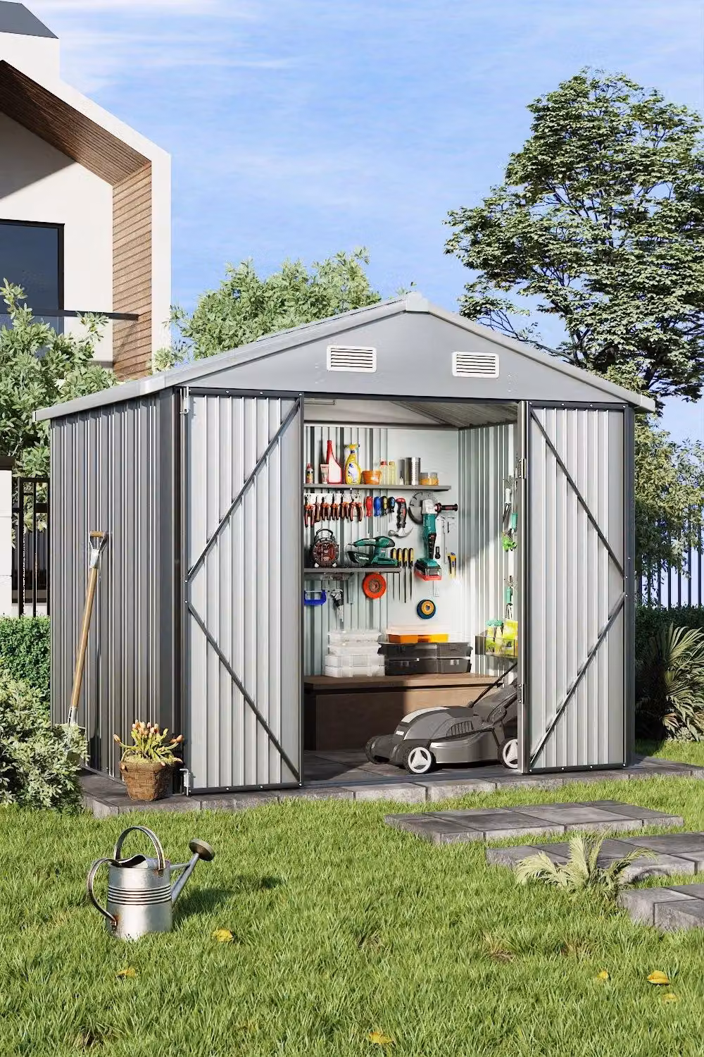 Garden Sanctuary Modern Pent Metal Outdoor Storage Shed with Lock and Side Vent, Grey, H: 194.0 cm, W: 182.88 cm, D: 181.2 cm – 2
