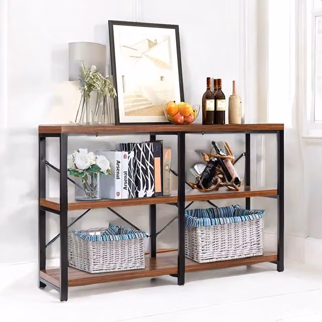 Rafaelo Mobilia Industrial 3 Tier Rustic Console Table with Metal Frame in Brown – 1