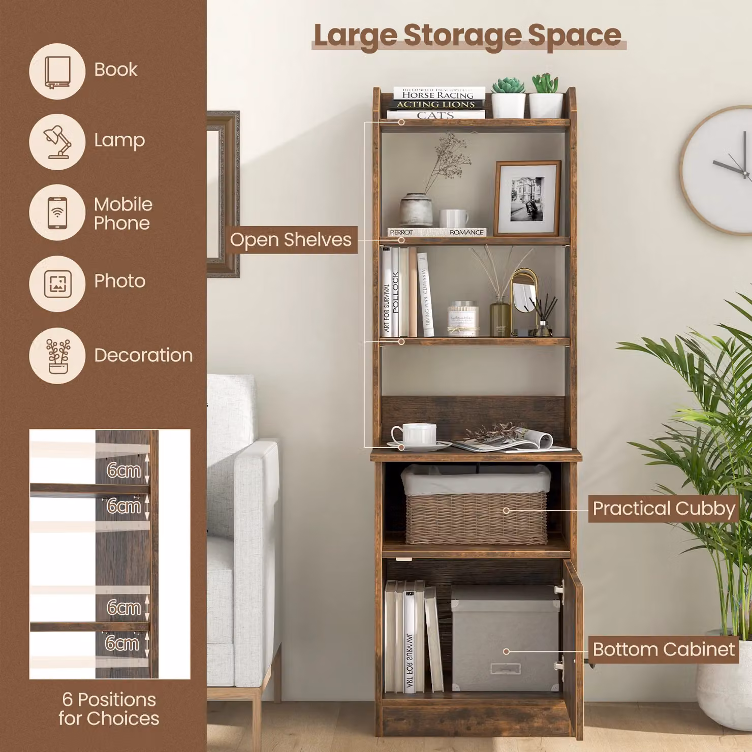 Gymax Tall Brown Nightstand with Shelves and Charging Station Grommet – 4