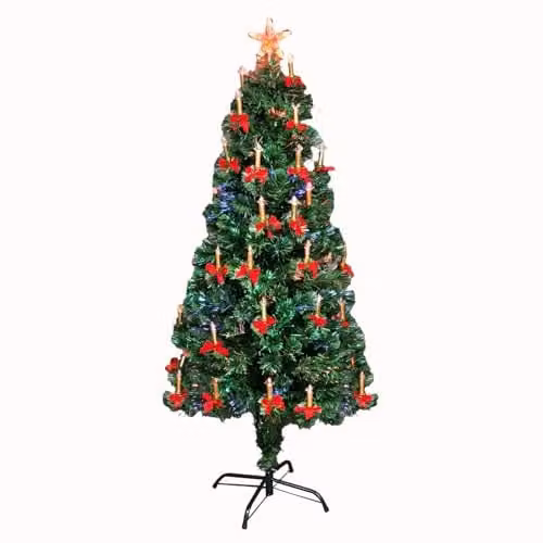 Shatchi 180cm Pre-Lit Fibre Optic Christmas Tree with Candle and Bow Decorations in Green with Multicolour Changing Lights – 1