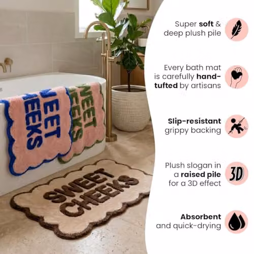 Mooky Mats Sweet Cheeks Scalloped Bath Mat, Non-Slip and Machine Washable, Brown/Cream – 3