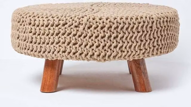 Homescapes Large Round Cotton Knitted Footstool in Beige with Wood Frame