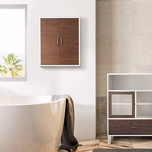 Teamson Home Wall Mounted Wooden Bathroom Medicine Cabinet with Two Hinged Doors and Internal Shelf, Brown and White – 3