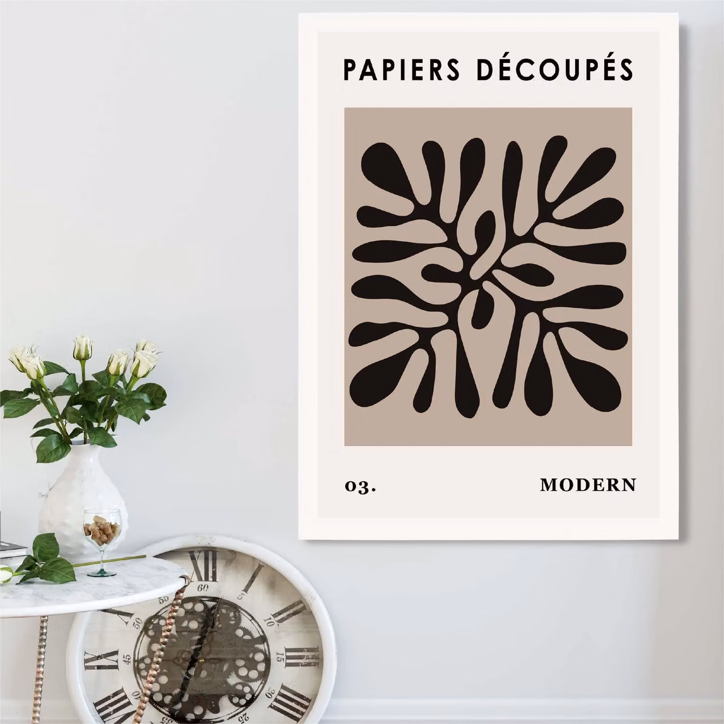 ARTZE Matisse Style Floral Cutout Framed Print, Beige, Black and White, A4 – 2