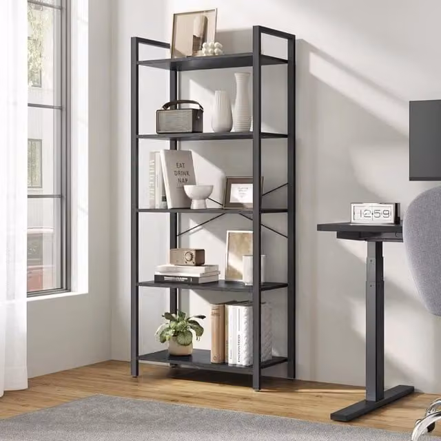 The Bazaarist 5-Tier Industrial Bookshelf with Steel Frame and MDF Shelving in Black and Brown, H 153.0 x W 66.0 x D 30.0 cm