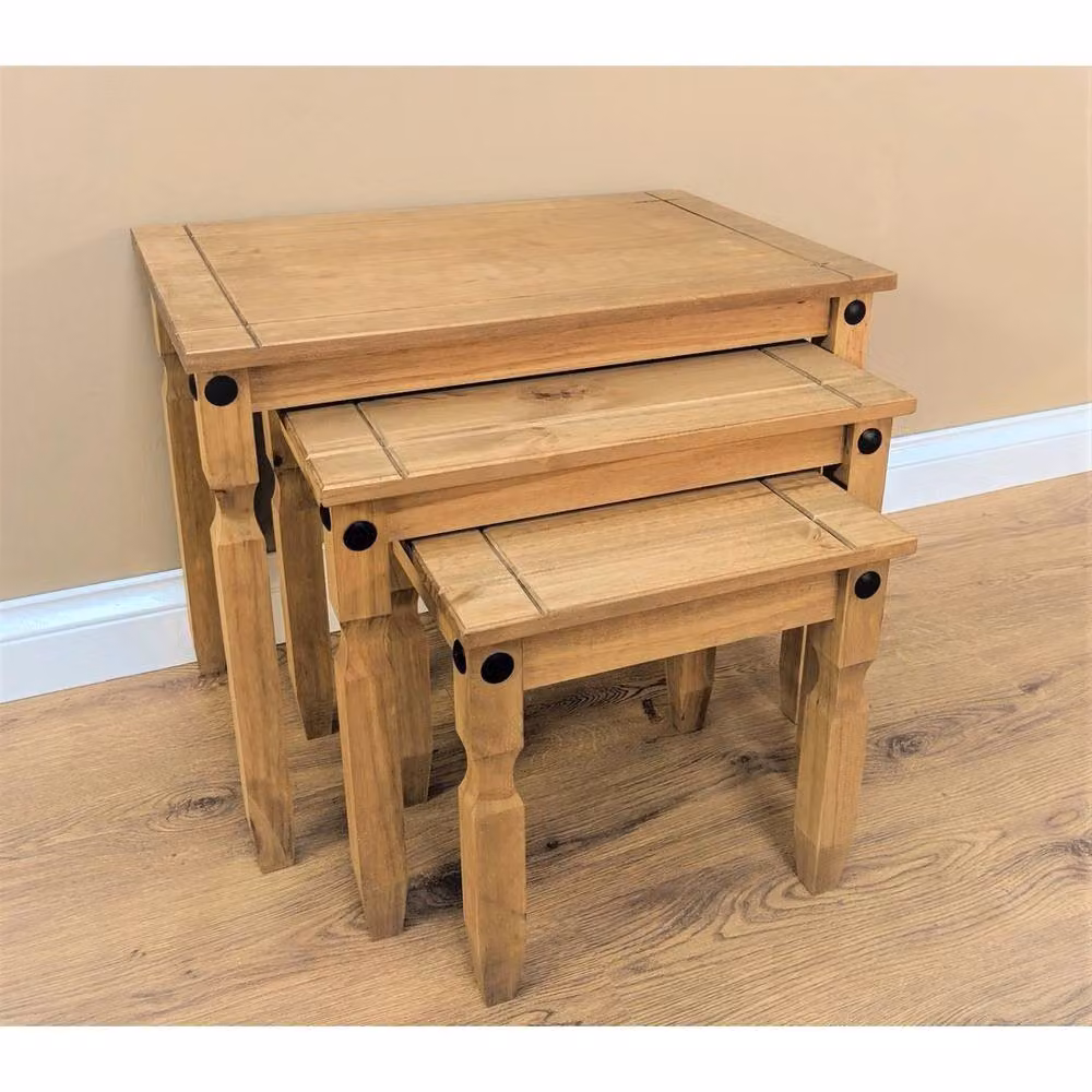 Kelvenix Nest of 3 Tables in Brown Rustic Waxed Pine and Metal – 3