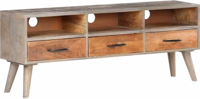Berkfield Home Grey TV Cabinet in Solid Rough Mango Wood W/D/H: 130 x 35 x 51 cm