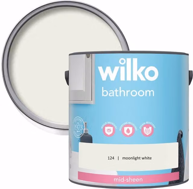 wilko Mould Resistant Mid Sheen Bathroom Emulsion Paint, Moonlight White, 2.5 l