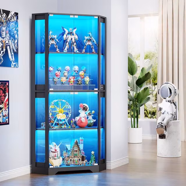 BROTTAR Black Corner Display Cabinet with Glass Doors and Integrated LED Lighting