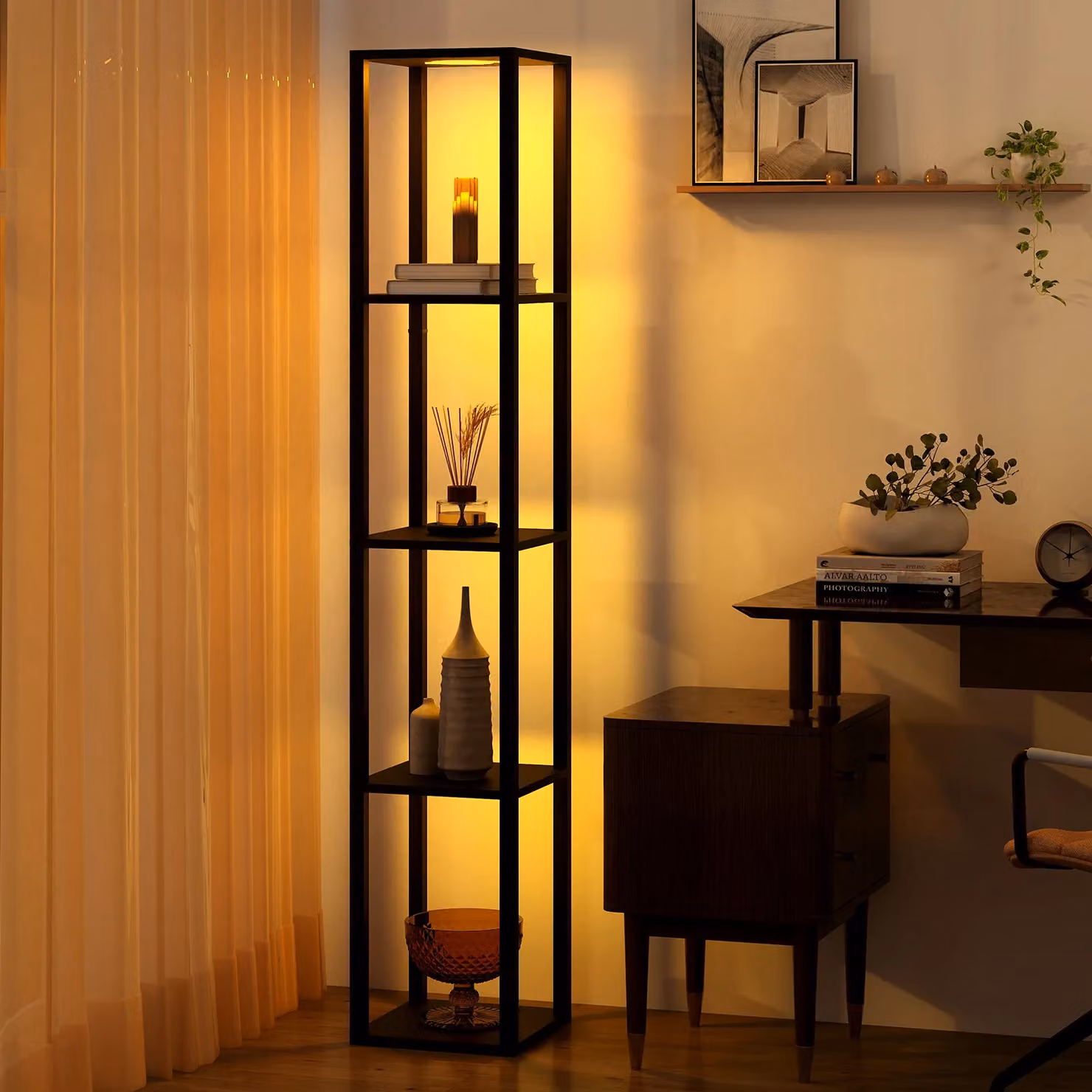 Costway Black LED Floor Lamp with 4-Tier Wood and Metal Shelves and Dimmable Adjustable Lighting – 2