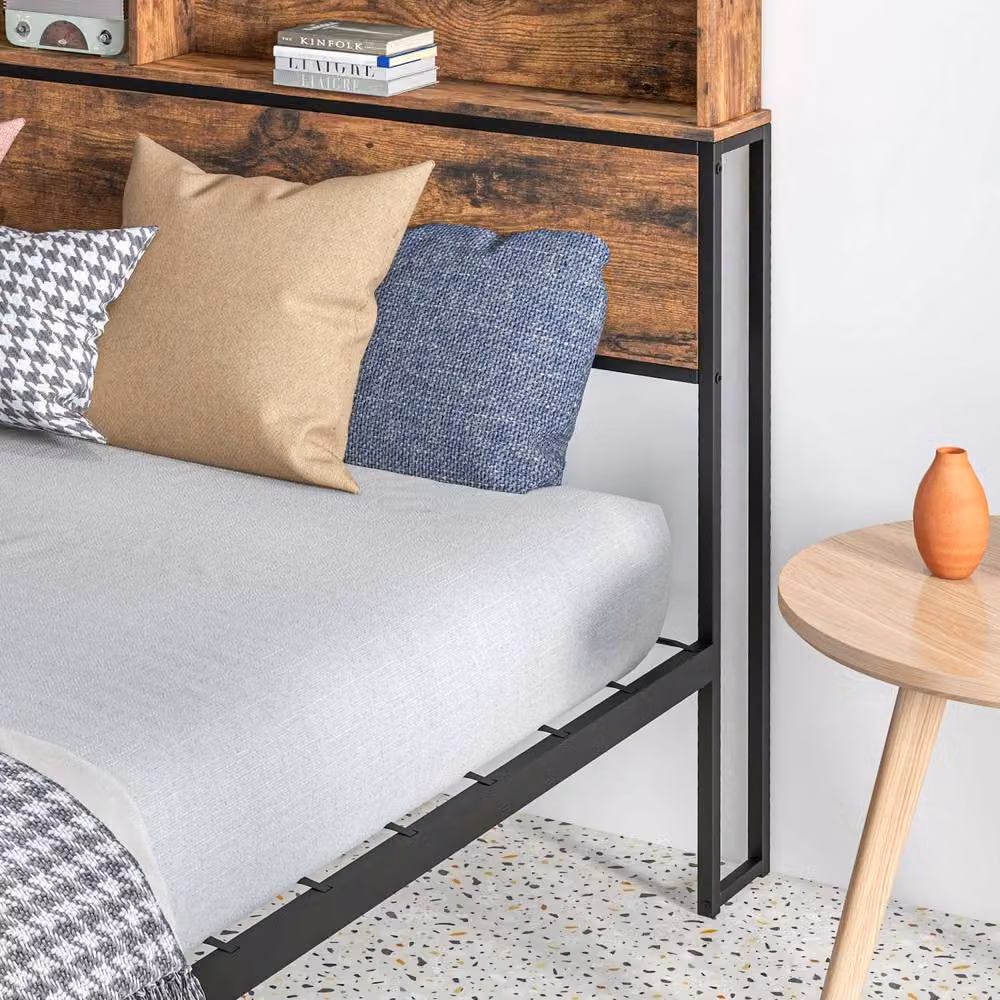 Wyld Haus Sata Industrial Double Bed Frame with Headboard and Side Compartments, Brown and Black, W/D/H: 140 x 200 cm – 6