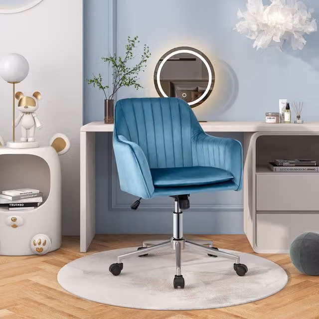 Costway Modern Blue Velvet Swivel Task Chair for Home Office with Armrests