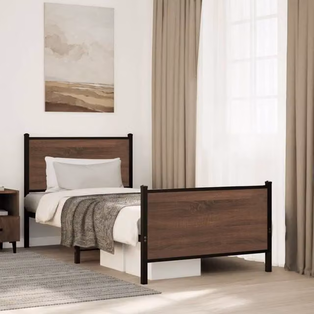 Berkfield Home Metal Bed Frame in Brown Oak, W: 80 cm, L: 200 cm