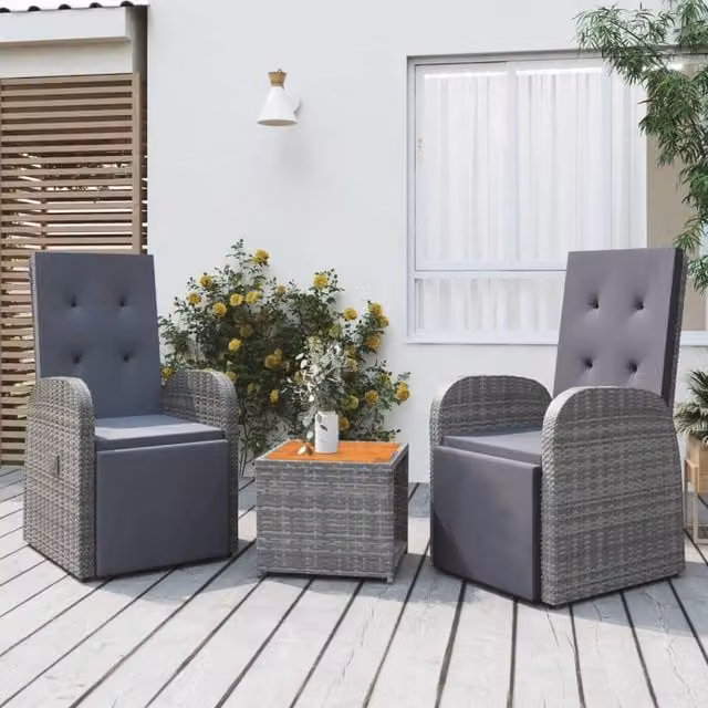 Berkfield Home 3 Piece Grey Poly Rattan and Acacia Wood Garden Lounge Set with Cushions