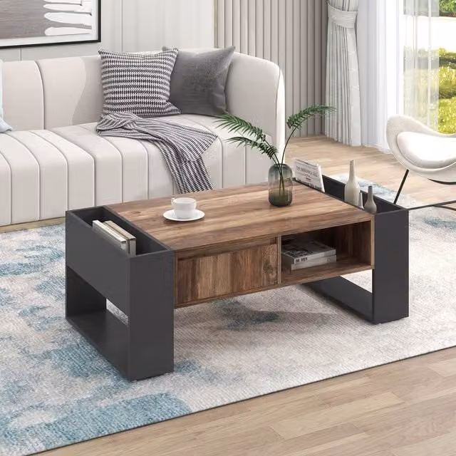 Aosom.UK Industrial Wood Coffee Table with Handleless Drawer and Double-Sided Storage, Black and Grey, W: 106.4 cm, D: 60 cm, H: 40 cm – 1