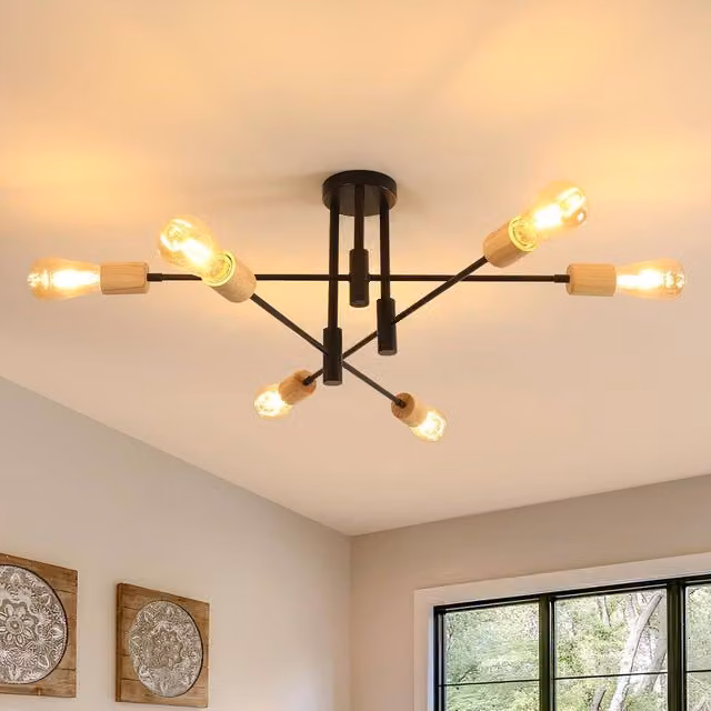 COMELY Industrial Vintage 6-Head Adjustable Ceiling Light in Black and Wood for Living Rooms