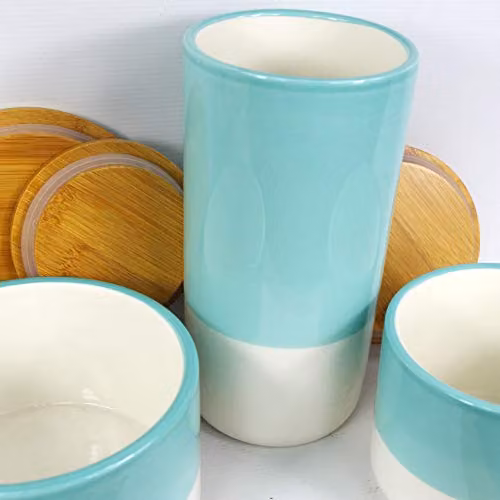 Leaf Set of Three Floral Ceramic and Bamboo Kitchen Storage Canisters with Lids, Green, White and Turquoise – 2