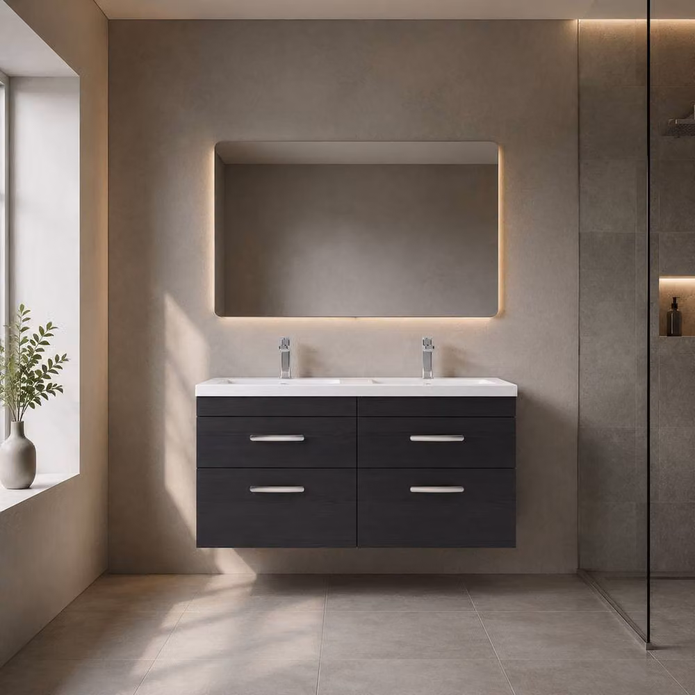 Balterley Millwich Wall Hung 4 Drawer Vanity Basin Unit with LED Lighting, Black, W: 120 cm, D: 58.61 cm, H: 40 cm – 4