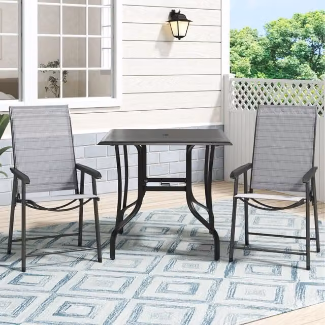 Komore Black Metal Garden Bistro Set with Square Table and 2 Folding Chairs