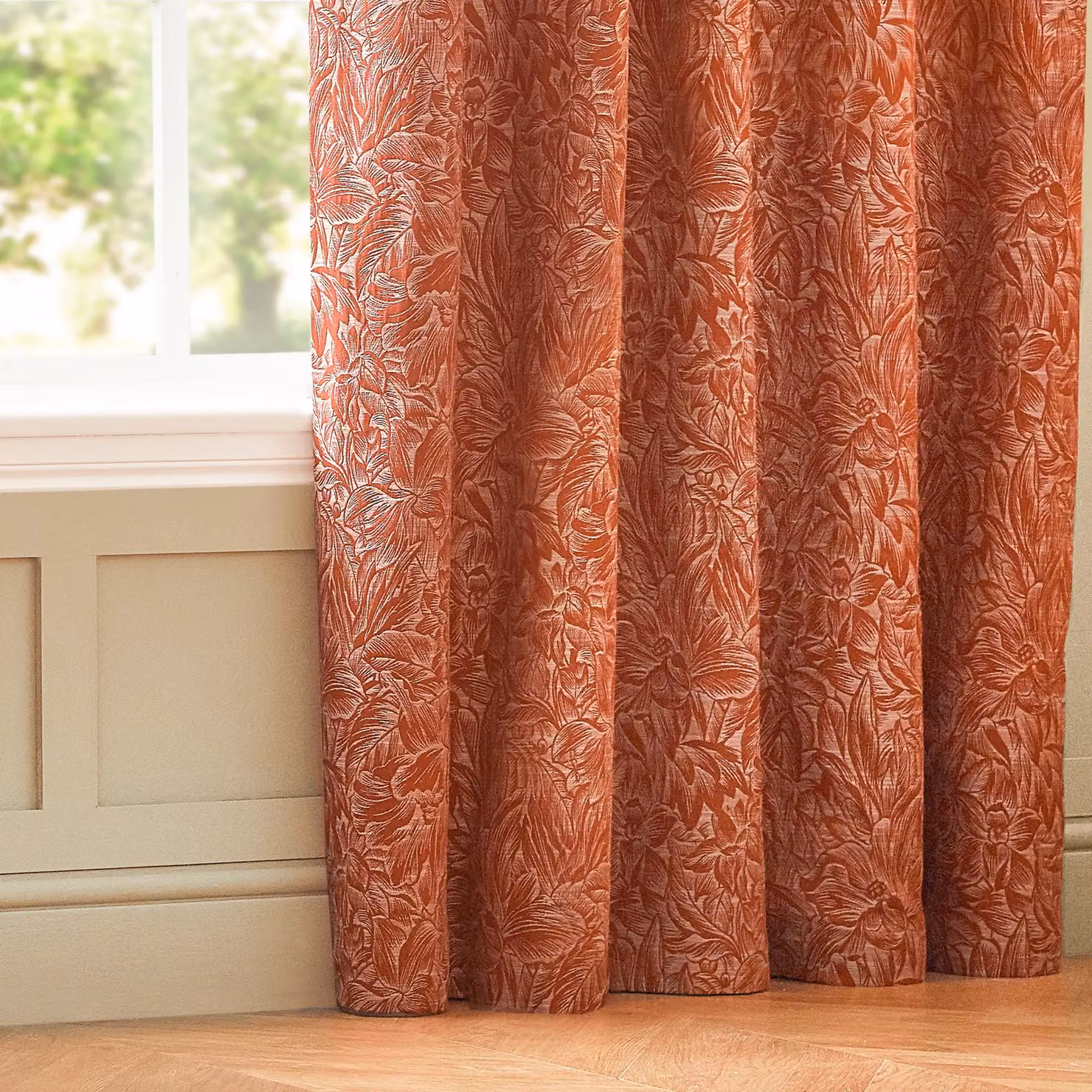 Wylder Nature Grantley Floral Jacquard Eyelet Curtain Pair in Orange, Width: 168 cm, Drop: 183 cm – 4