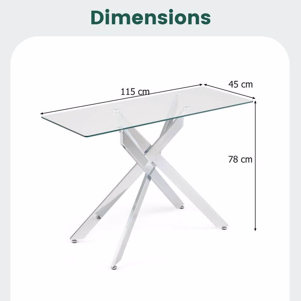 Costway Modern Glass Console Table with Silver X-Frame and Clear Tempered Glass Top, Width: 115 cm – 2