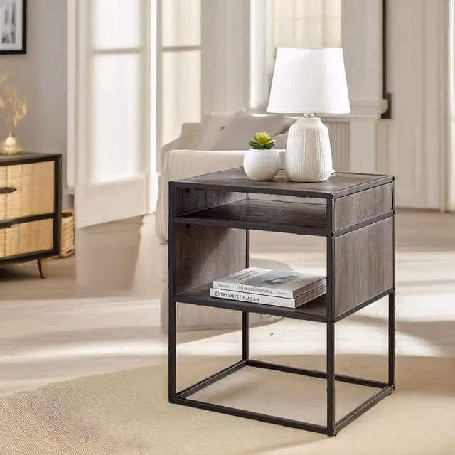 Pirlo Plush Industrial Square Side Table with Open Storage in Light Brown