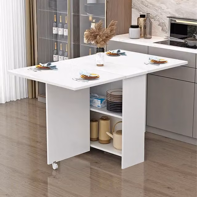 Livingandhome Modern White Folding Rectangular Dining Table with 2 Tier Shelves and Castors