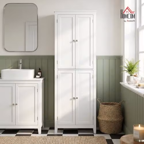 HOMCOM Modern White Freestanding Bathroom Storage Cabinet with Hinged Doors and Internal Shelves, H 170 x W 30 x D 60 cm – 2
