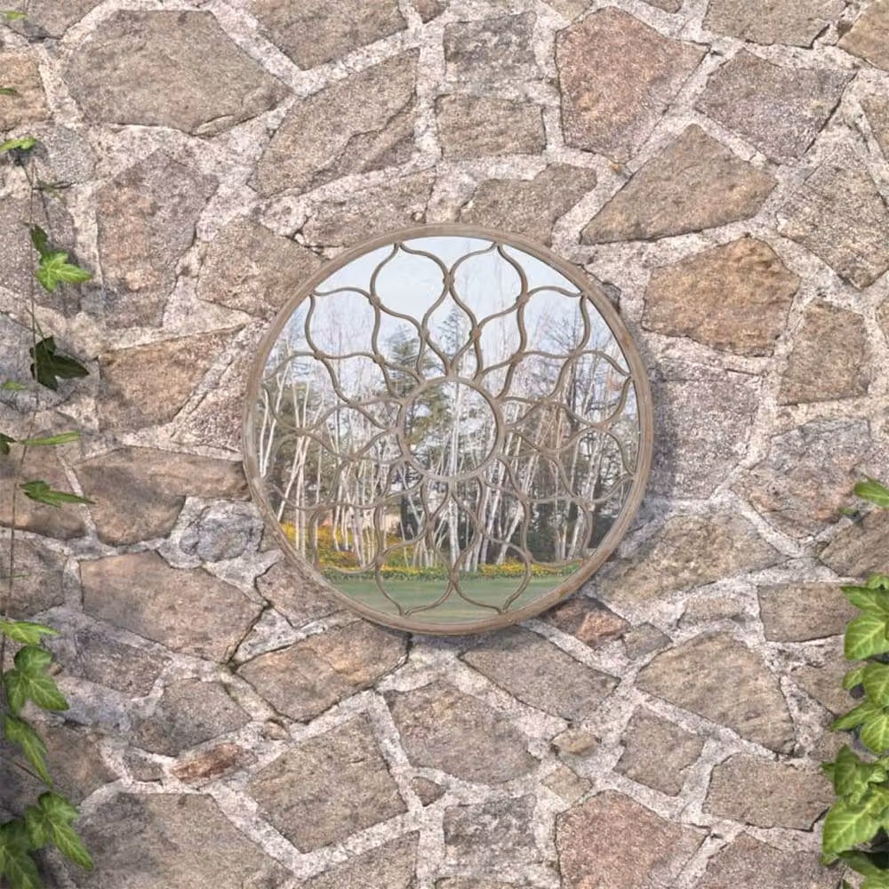 Berkfield Home Round Decorative Garden Mirror in Sand Beige, Metal and Glass, Diameter: 60 cm, Depth: 3 cm – 2