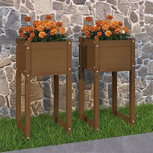 vidaXL Set of 2 Solid Wood Pine Planter Tubs, Brown, W/D/H: 40 x 40 x 81 cm – 2