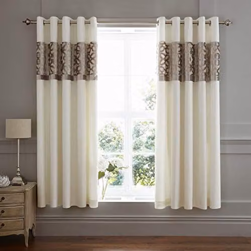 Catherine Lansfield Lattice Cut Velvet Lined Eyelet Curtains, Two Panels, Natural/Beige, W: 168 cm, H: 183 cm – 1
