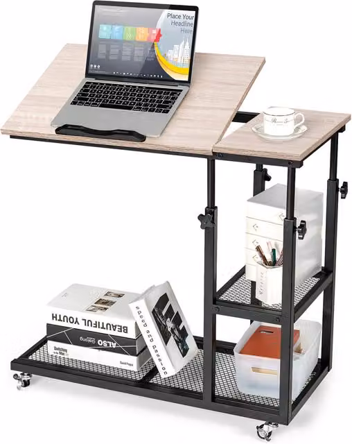 COSTWAY Adjustable C-Shaped Bedside Table in Natural Brown with Castors