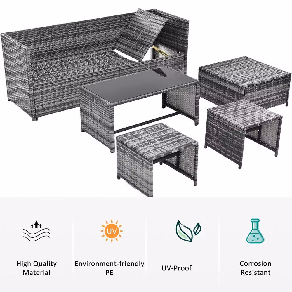 SONARA L-Shape Grey Polyrattan Garden Furniture Set with Coffee Table and Ottoman – 5