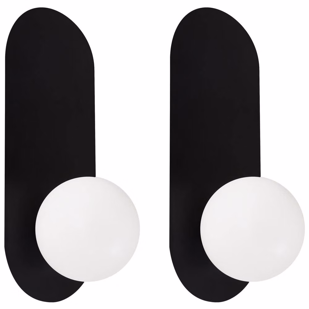 Wyld and Coco Set of 2 Black Metal Wall Lamps with White Opaque Glass Spheres – 2