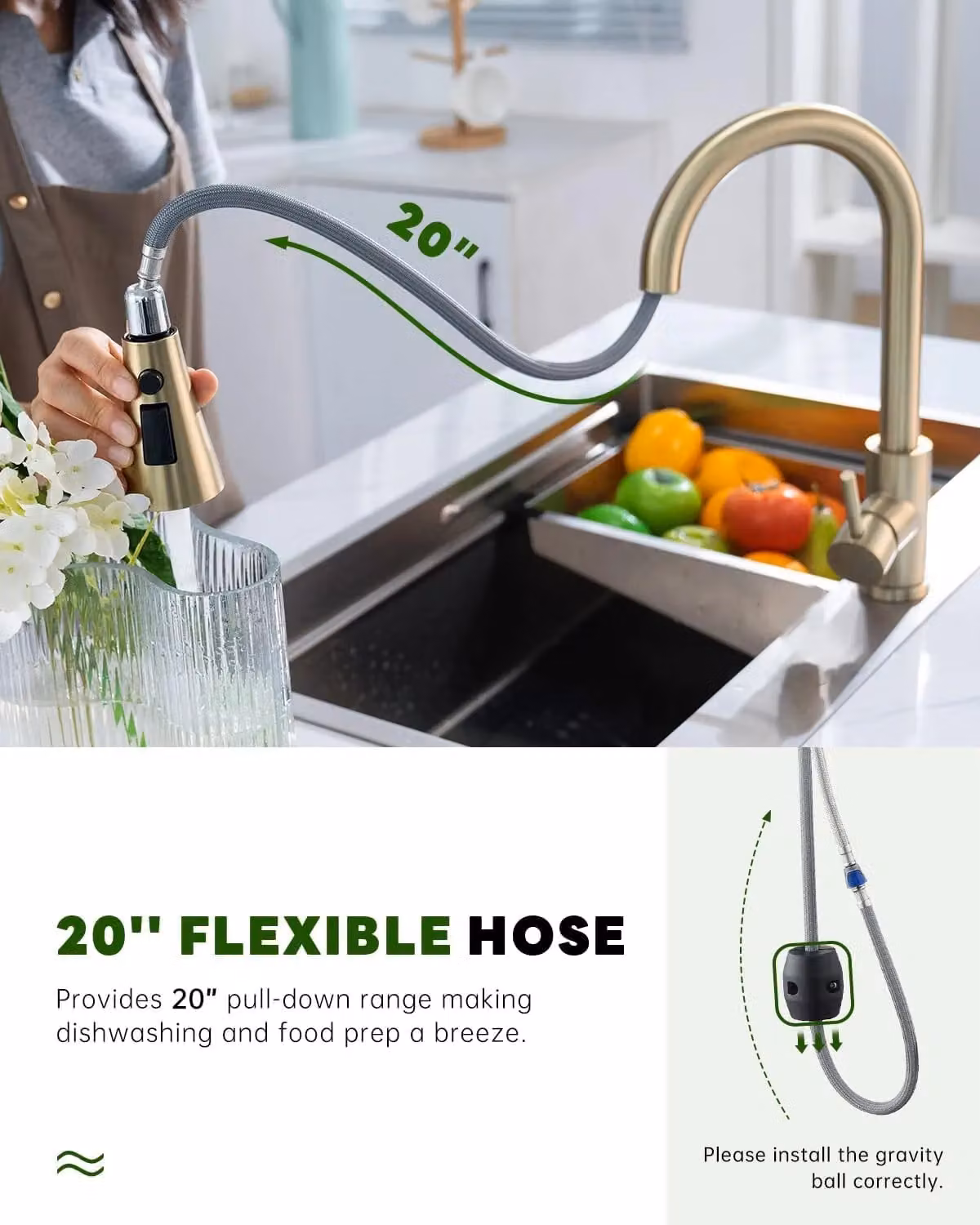 Blylund Brushed Brass Kitchen Tap with Pull Out Spray and Swivel Spout – 3
