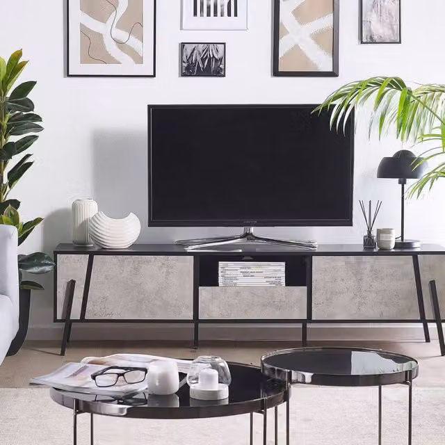 Wyld and Coco Industrial TV Stand for up to 75 inch TVs with Concrete Effect Top in Black and Grey