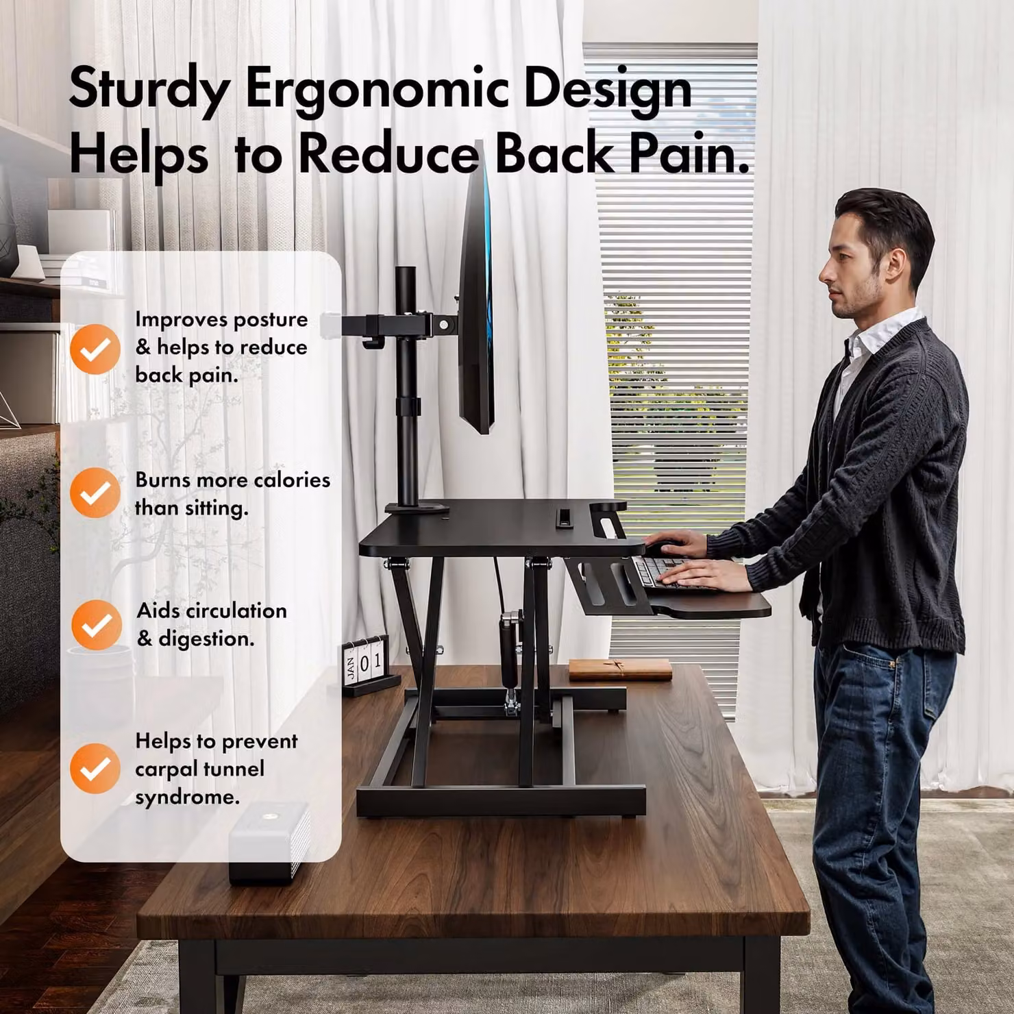 VonHaus Height Adjustable Standing Desk Converter in Black with Keyboard Shelf – 4