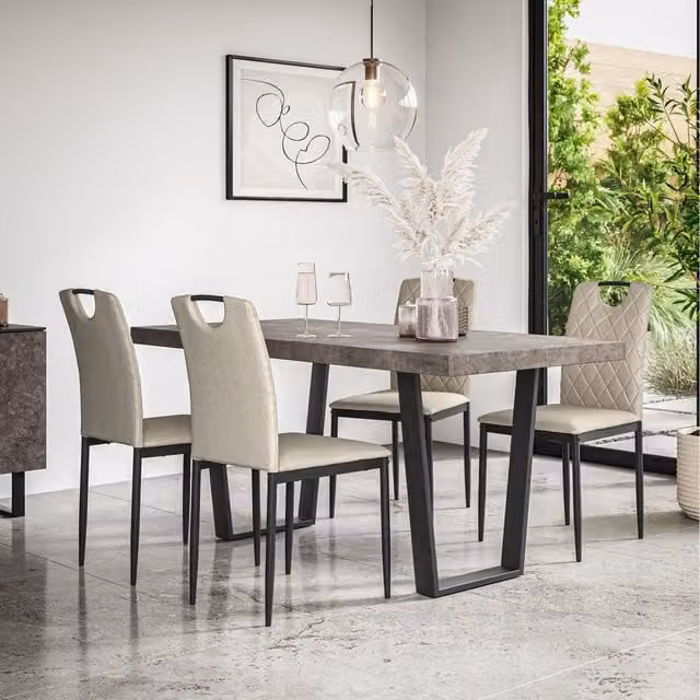 More4Homes Aria Dining Set with Concrete Effect Rectangular Table and 6 Monza Linen Chairs in Beige