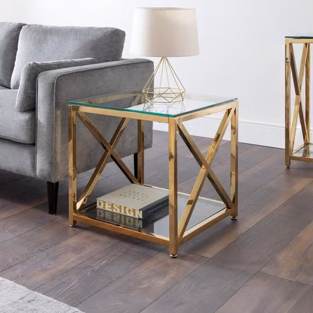 Julian Bowen Miami Art Deco Glass Top Lamp Table with Gold X-Frame