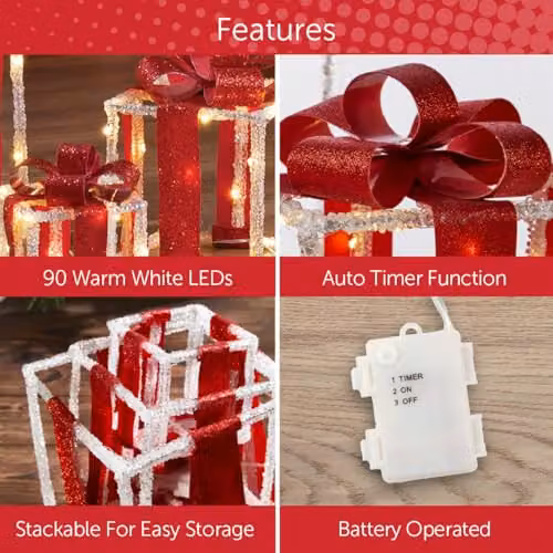 The Christmas Workshop Light-Up Gift Boxes, Set of 3, White and Red with Warm White LED Lights and Timer Function, Battery Powered, W/D/H: 22.0 x 20.0 x 20.0 cm – 3